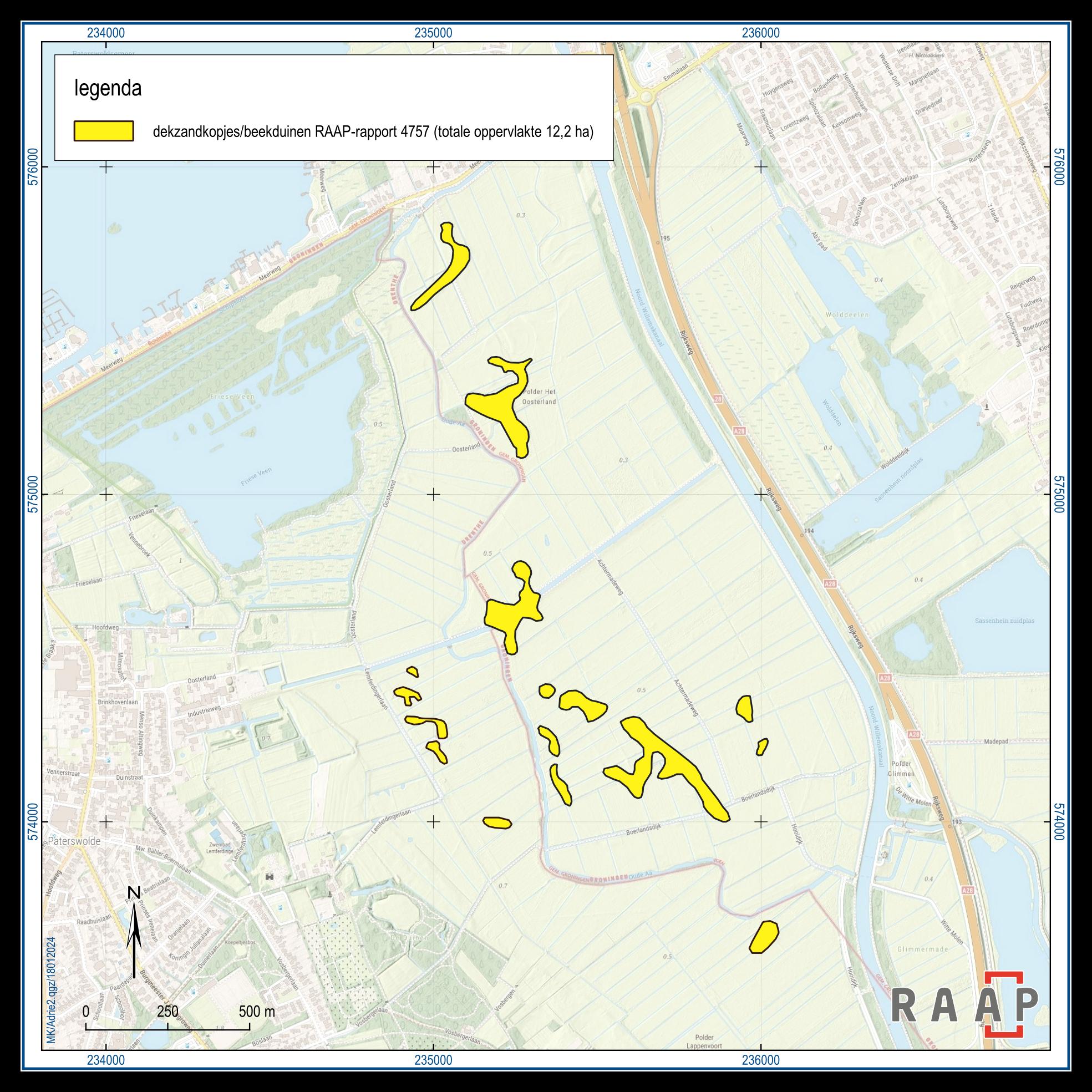 Kaart van Polders Oosterland en Lappenvoort waarop in het geel verhogingen in het landschap te zien zijn. Deze verhogingen zijn mogelijk dekzandkoppen en beekduinen. De verhogingen liggen verspreid over het landschap langs beide zijden van de Oude Aa en hebben een totale oppervlakte van 12,2 hectare.