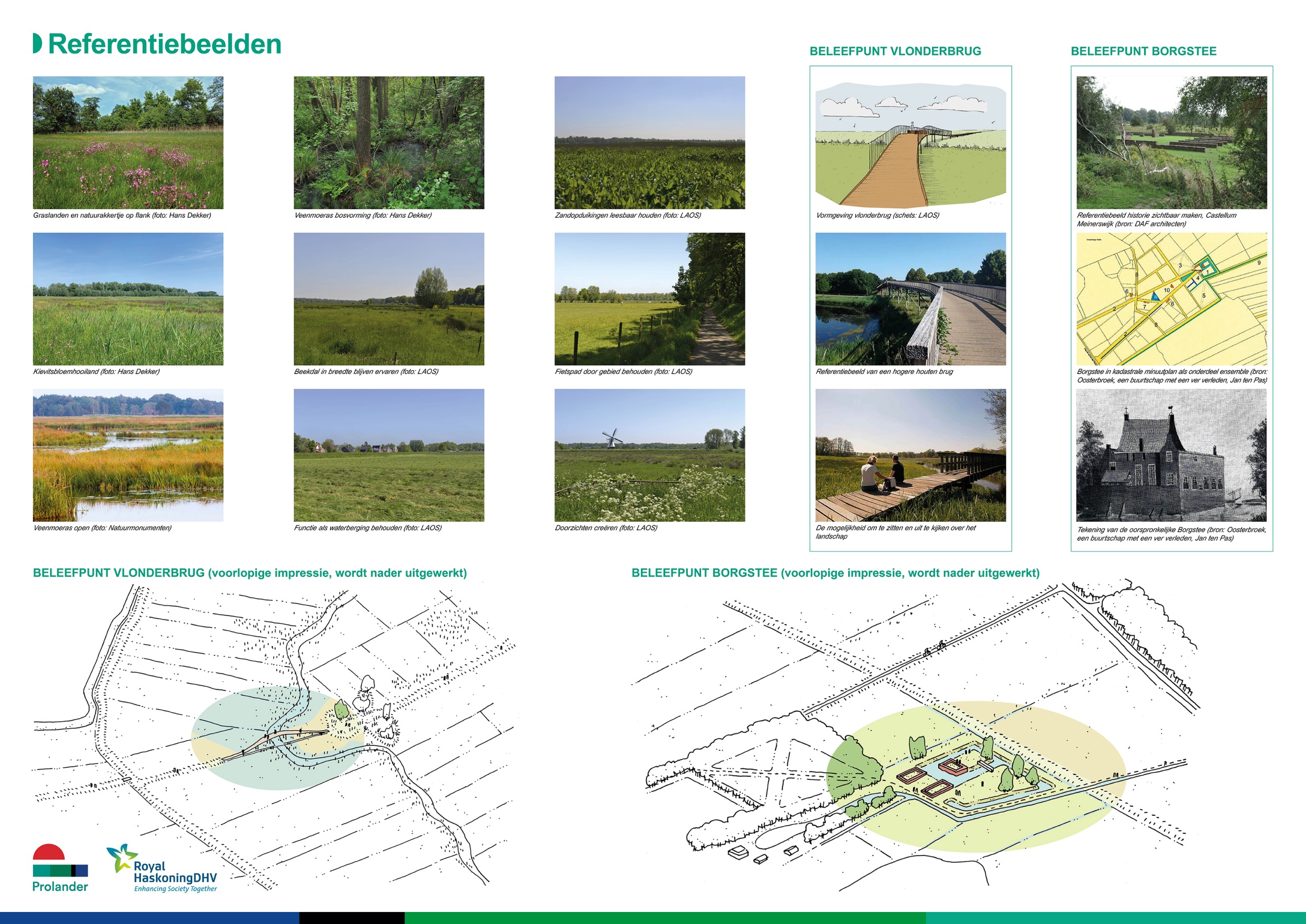 Een poster met 9 landschapsfoto’s. Te zien zijn bijvoorbeeld graslanden, kievitsbloemhooiland en veenmoeras. Dit zijn enkele natuurdoelen die Prolander in het gebied nastreeft. Op de poster zijn ook 2 schetsen te zien van de beleefpunten vlonderbrug en borgstee, waar vroeger een versterking stond die we een borg noemen. De schetsen zijn voorlopige impressies die nader worden uitgewerkt.  De geschetste beleefpunten worden op de poster nader geïllustreerd met 6 afbeeldingen.