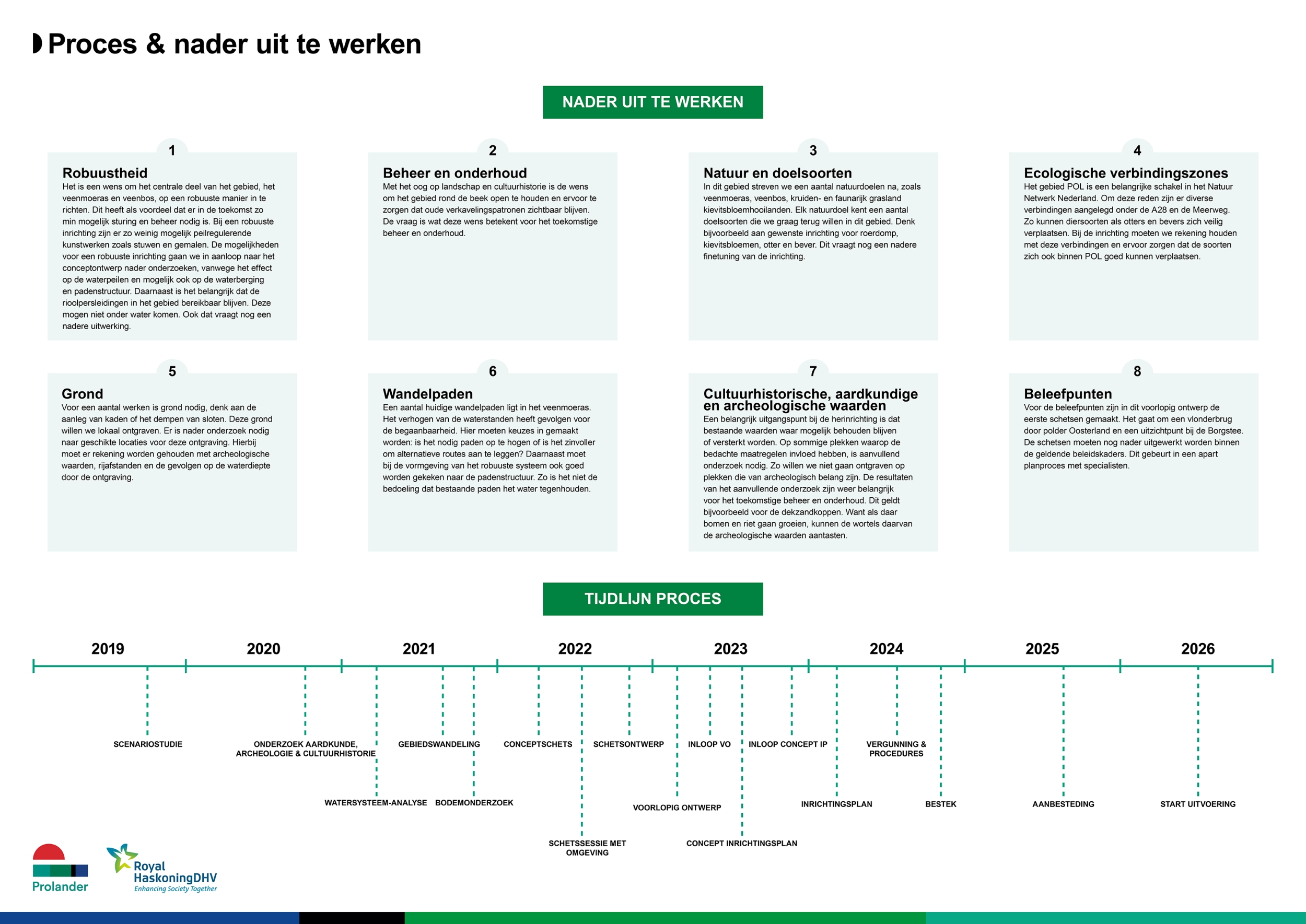 Op de poster is een tijdlijn van het herinrichtingsproces te zien. De tijdlijn begint bij de scenariostudies in 2019, vervolgt met allerlei onderzoeken, ontwerpen en plannen en eindigt bij de uitvoering van de werkzaamheden in 2026. Op de poster staan verder 8 punten die nog nader uitgewerkt moeten worden. Deze nemen we nu een voor een door.   1. Robuustheid Het is een wens om het centrale deel van het gebied, het veenmoeras en veenbos, op een robuuste manier in te richten zodat er zo min mogelijk sturing en beheer nodig is in de toekomst. Dat betekent zo weinig mogelijk peilregulerende kunstwerken zoals stuwen en gemalen. Hier gaan we richting het concept onderwerp nog nader naar kijken, want dit zal effect hebben op in te stellen peilen en mogelijk ook de waterberging en de padenstructuur.  2. Beheer en onderhoud Vanuit landschap en cultuurhistorie ligt er een wens het gebied rond de beek open te houden en oude verkavelingspatronen zichtbaar te houden. Er moet uitgewerkt worden wat dat betekent voor het toekomstige beheer en onderhoud. Wanneer het gewenste toekomstige beheer duidelijk is, kan ook worden bepaald wat dat betekent voor de toegang en onderhoudspaden.  3. Doelsoorten Elk natuurdoel kent een aantal doelsoorten die we graag terug willen in dit gebied. Dit vraagt nog een nadere finetuning van de inrichting. Denk bijvoorbeeld aan een gewenste inrichting voor otters en bevers. Of aan het geschikt maken van het gebied voor hommels, die belangrijk zijn voor de bestuiving van de kievitsbloemen.  4. Ecologische verbindingszones Het gebied POL is een belangrijke schakel in het Natuur Netwerk Nederland. Om deze reden zijn er divers verbindingen aangelegd onder de A28 en de Meerweg zodat soorten als otter en bever zich veilig kunnen verplaatsen. Bij de inrichting moeten we rekening houden met deze verbindingen en zorgen dat de soorten zich ook binnen het gebied POL goed kunnen verplaatsen.  5. Grond Voor een aantal werken is grond nodig, denk aan de aanleg van kaden rond de nieuwe waterbergingsgebieden. Deze grond willen we lokaal ontgraven. Er is nader onderzoek nodig naar geschikte locaties voor deze ontgraving. Hierbij moet er rekening worden gehouden met archeologische waarden, rijafstanden en de gevolgen op de waterdiepte door de ontgraving.  6. Wandelpaden Een aantal wandelpaden ligt in het veenmoeras. Het verhogen van de waterstanden heeft gevolgen voor de begaanbaarheid. Er moeten keuzes gemaakt worden: is het nodig het pad op te hogen of is het zinvoller een alternatieve route aan te leggen? Daarnaast moet bij de vormgeving van het robuuste systeem ook goed worden gekeken naar de padenstructuur. Deze mogen niet belemmerd zijn in de waterbewegingen.  7. Cultuurhistorie, aardkundige waarden en archeologie Het uitgangspunt voor het plan is dat bestaande waarden waar mogelijk behouden blijven. Op sommige plekken waarvoor maatregelen zijn bedacht is nader onderzoek nodig naar deze waarden. Zo willen we niet gaan ontgraven op plekken waar archeologische waarden aanwezig zijn. Hier is nader onderzoek voor nodig. Deze onderzoeksresultaten zijn ook weer belangrijk voor het toekomstige beheer en onderhoud, bijvoorbeeld voor de dekzandkoppen.  8. Beleefpunten Voor de beleefpunten zijn in dit voorlopig ontwerp de eerste schetsen gemaakt. Dit vraagt nog een nadere uitwerking die moet passen in de beleidskaders die daarvoor zijn. Deze specifieke uitwerking wordt in een apart planproces met specialisten en diverse stakeholders gedaan.